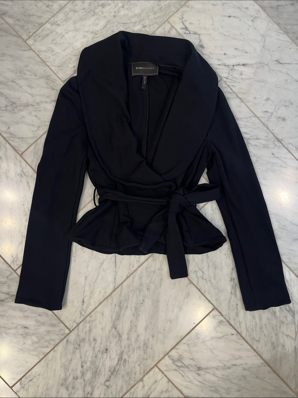 BCBGMaxAzria Black Shawl-Collar Wrap Blazer with Belt
